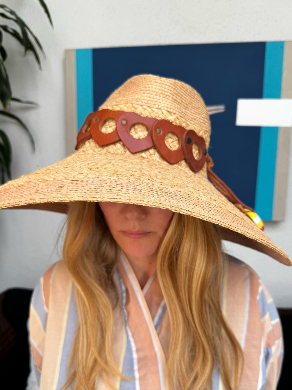 Juicy Couture Straw Floppy Sun Hat with Brown Leather Accents